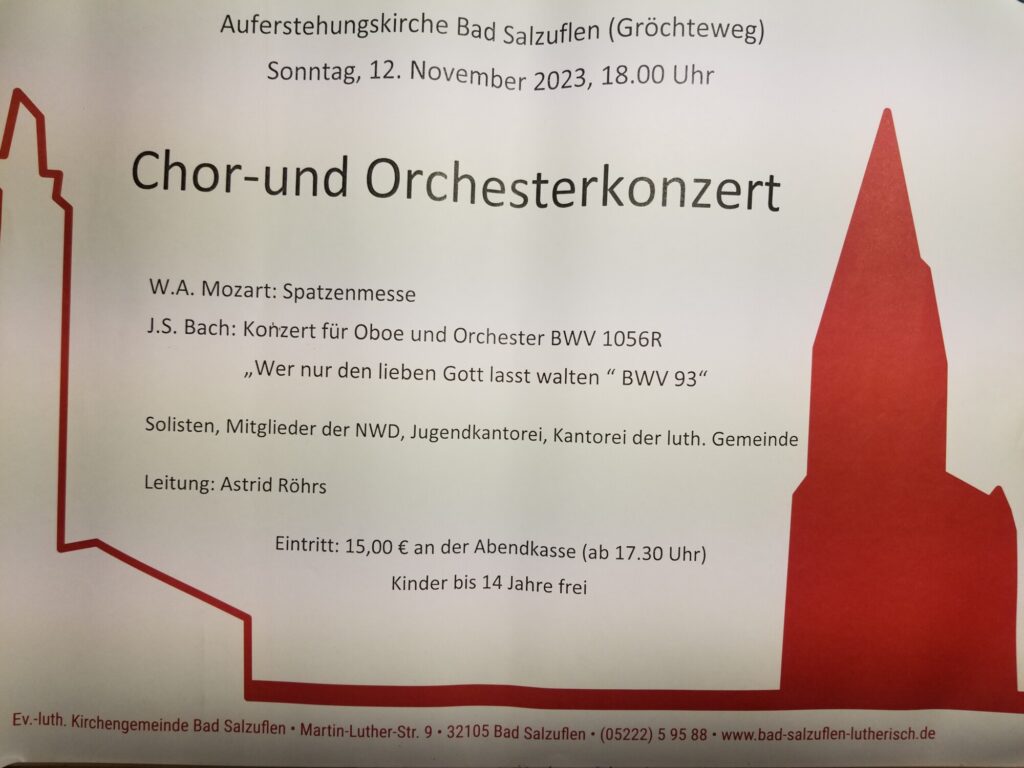 Chor und Orchesterkonzert am 12. Nov 23 in der Auferstehungskirche in Bad Salzuflen